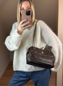 Vintage Chanel Brown Leather Shoulder Bag with Double Chain Handle
