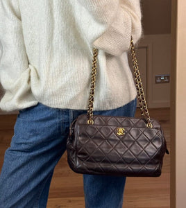 Vintage Chanel Brown Leather Shoulder Bag with Double Chain Handle