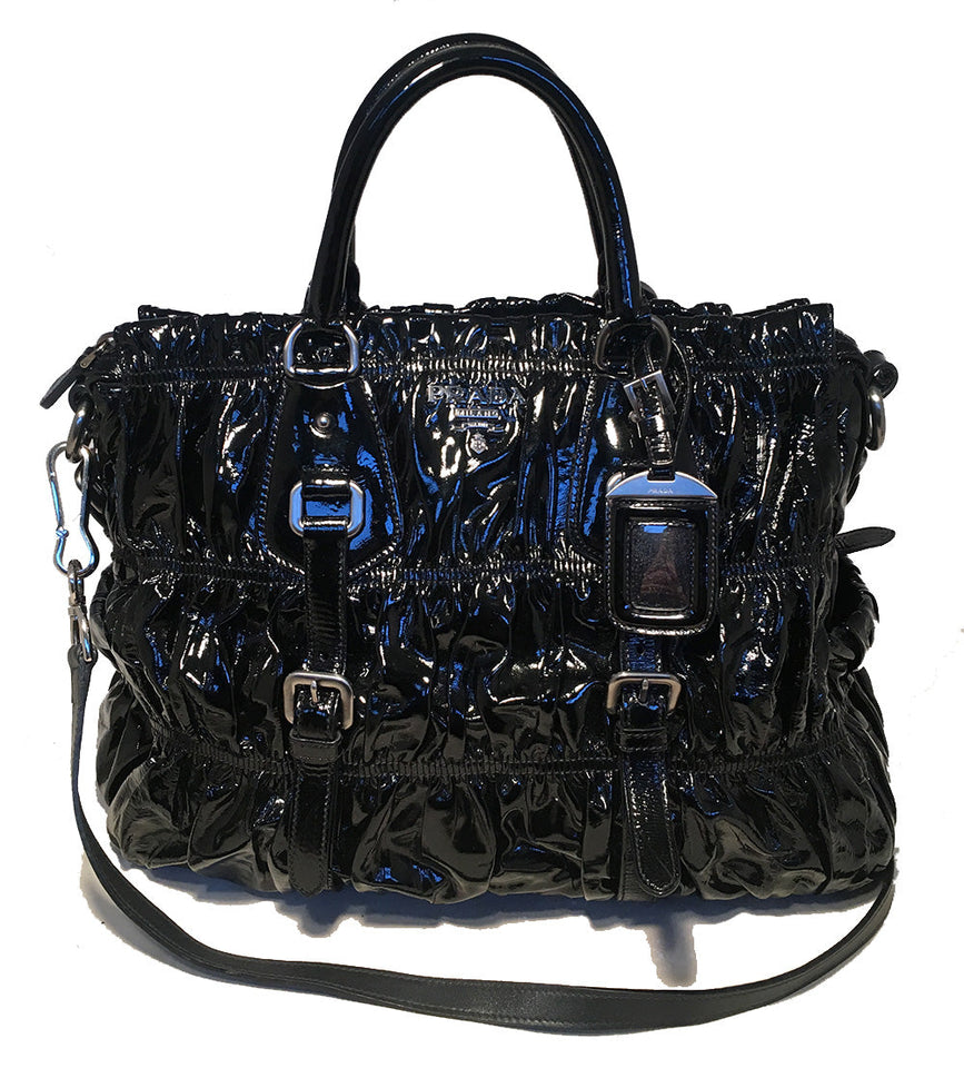 Prada Black Patent Leather Gaufre Ruched Shoulder Bag Tote