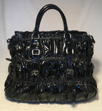 Prada Black Patent Leather Gaufre Ruched Shoulder Bag Tote