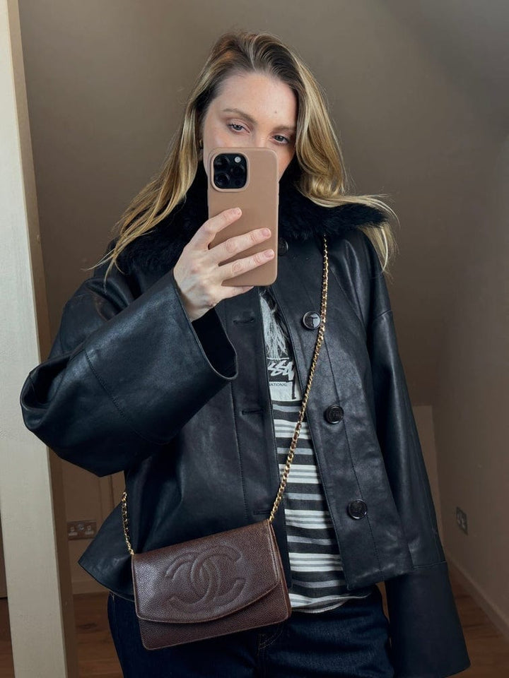 Vintage Chanel Brown Caviar Leather Wallet On Chain