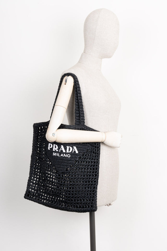 PRADA Crochet Raffia Tote Bag Black