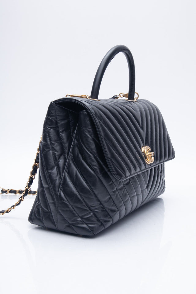 CHANEL Black Chevron Quilted Medium Coco Handle Flap Bag