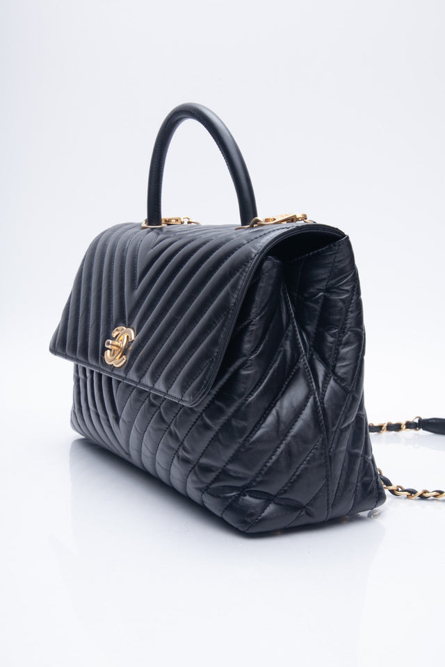 CHANEL Black Chevron Quilted Medium Coco Handle Flap Bag