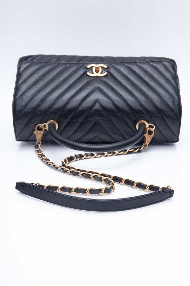 CHANEL Black Chevron Quilted Medium Coco Handle Flap Bag