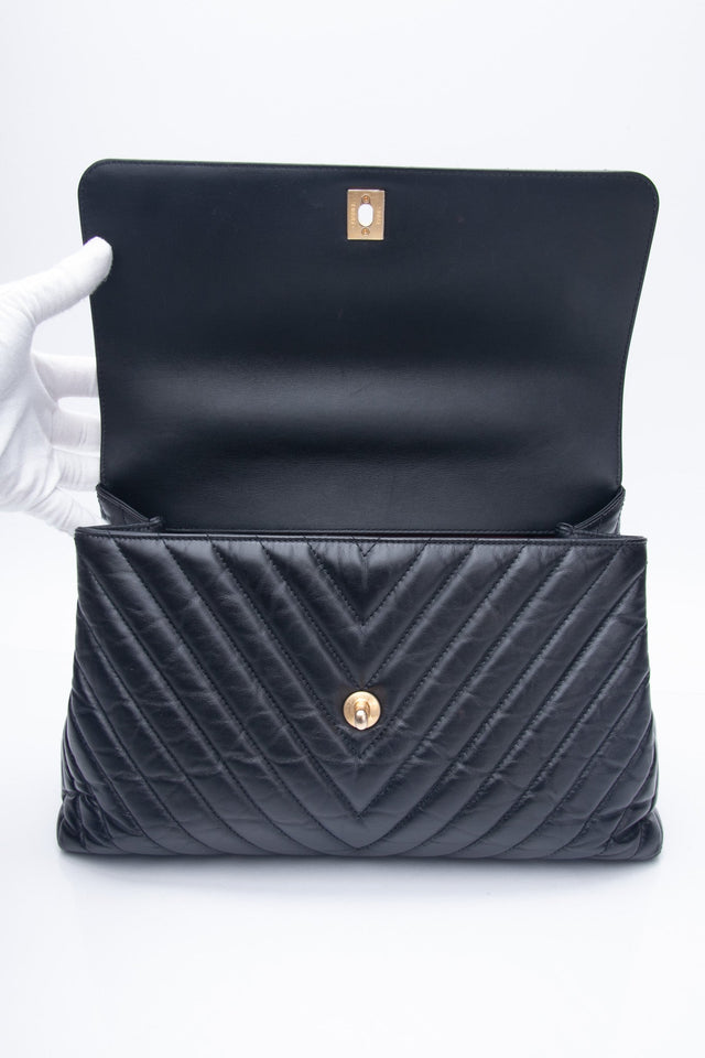 CHANEL Black Chevron Quilted Medium Coco Handle Flap Bag