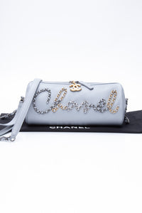 CHANEL Light Gray Calfskin Chain 20s Signature Bowling Crossbody Bag
