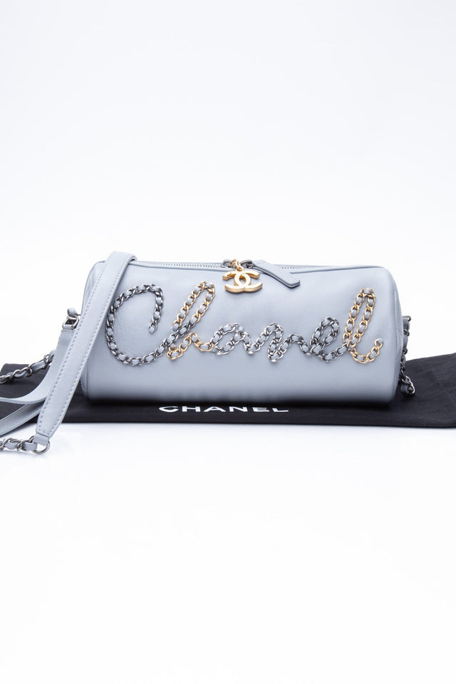 CHANEL Light Gray Calfskin Chain 20s Signature Bowling Crossbody Bag