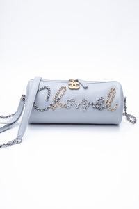 CHANEL Light Gray Calfskin Chain 20s Signature Bowling Crossbody Bag