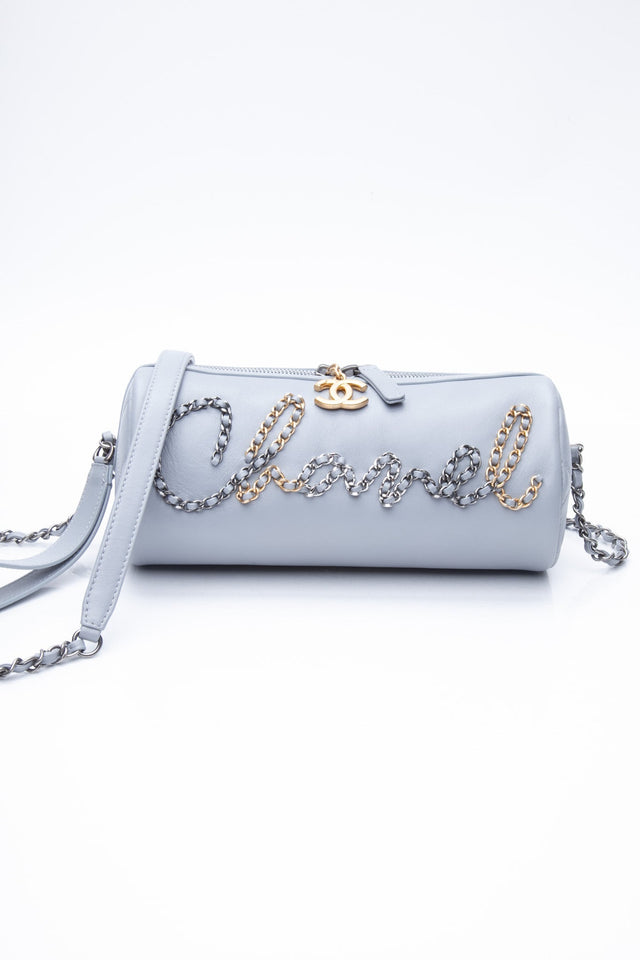 CHANEL Light Gray Calfskin Chain 20s Signature Bowling Crossbody Bag
