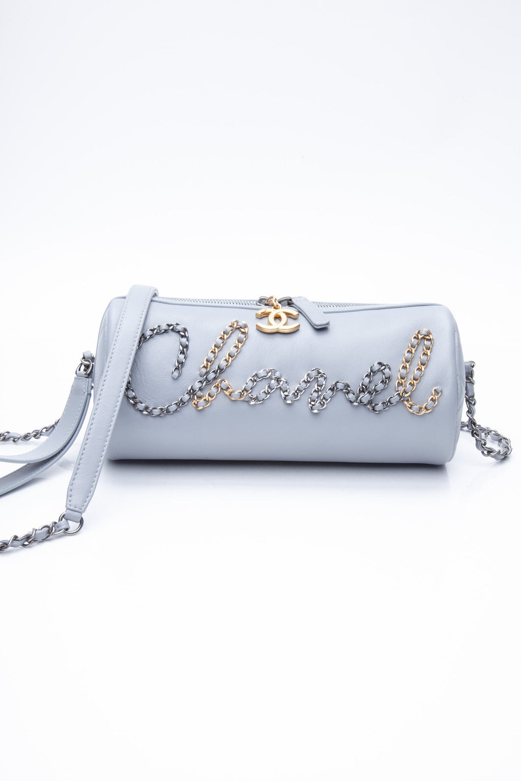 CHANEL Light Gray Calfskin Chain 20s Signature Bowling Crossbody Bag