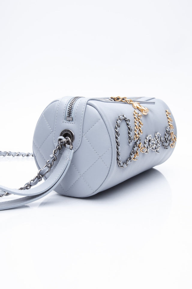 CHANEL Light Gray Calfskin Chain 20s Signature Bowling Crossbody Bag