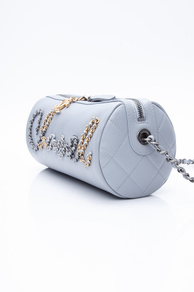 CHANEL Light Gray Calfskin Chain 20s Signature Bowling Crossbody Bag