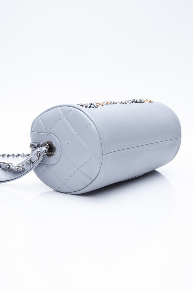 CHANEL Light Gray Calfskin Chain 20s Signature Bowling Crossbody Bag