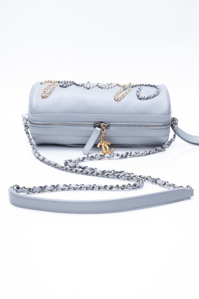 CHANEL Light Gray Calfskin Chain 20s Signature Bowling Crossbody Bag