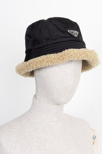 PRADA Bucket Hat with Shearling Lining Nylon Black