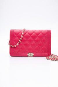 CHANEL Hot Pink Caviar Quilted Boy Wallet On Chain WOC