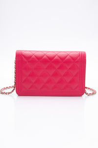 CHANEL Hot Pink Caviar Quilted Boy Wallet On Chain WOC