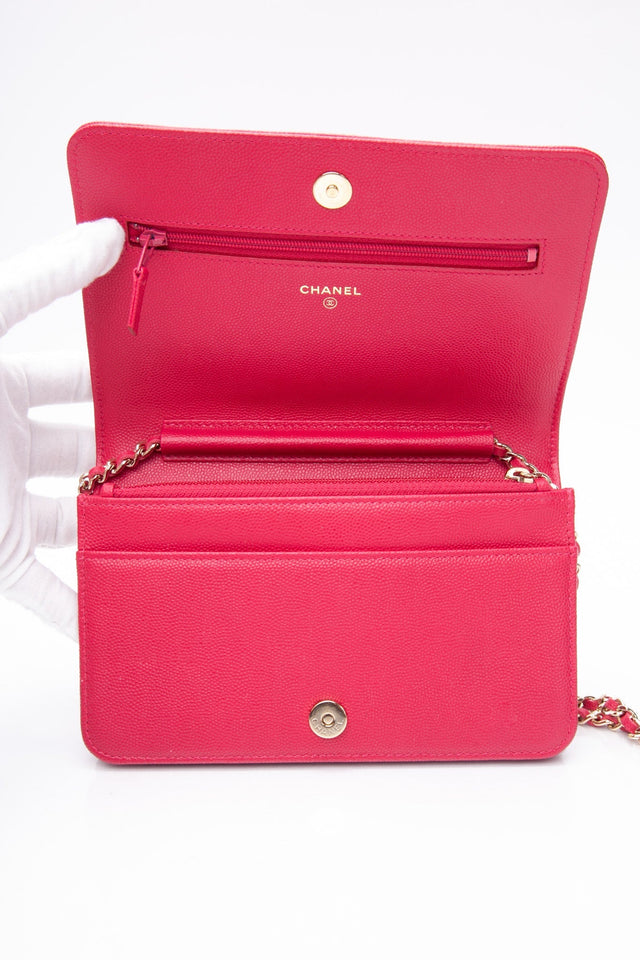 CHANEL Hot Pink Caviar Quilted Boy Wallet On Chain WOC