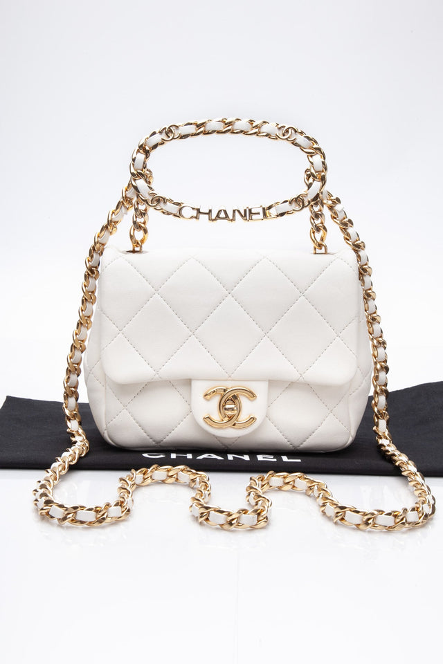 CHANEL White Metal Quilted Lambskin Leather Mini Top Handle Square Flap Bag