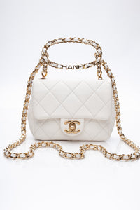 CHANEL White Metal Quilted Lambskin Leather Mini Top Handle Square Flap Bag