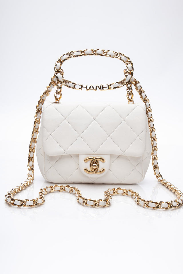 CHANEL White Metal Quilted Lambskin Leather Mini Top Handle Square Flap Bag