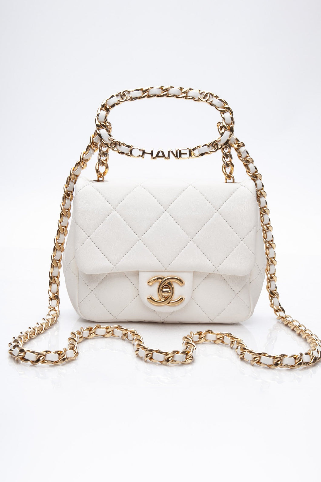CHANEL White Metal Quilted Lambskin Leather Mini Top Handle Square Flap Bag