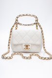 CHANEL White Metal Quilted Lambskin Leather Mini Top Handle Square Flap Bag