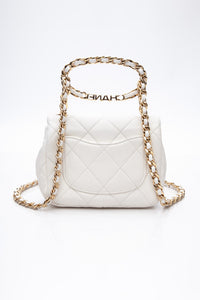 CHANEL White Metal Quilted Lambskin Leather Mini Top Handle Square Flap Bag