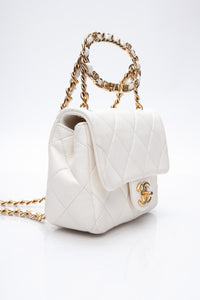CHANEL White Metal Quilted Lambskin Leather Mini Top Handle Square Flap Bag