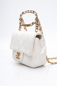 CHANEL White Metal Quilted Lambskin Leather Mini Top Handle Square Flap Bag