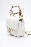 CHANEL White Metal Quilted Lambskin Leather Mini Top Handle Square Flap Bag