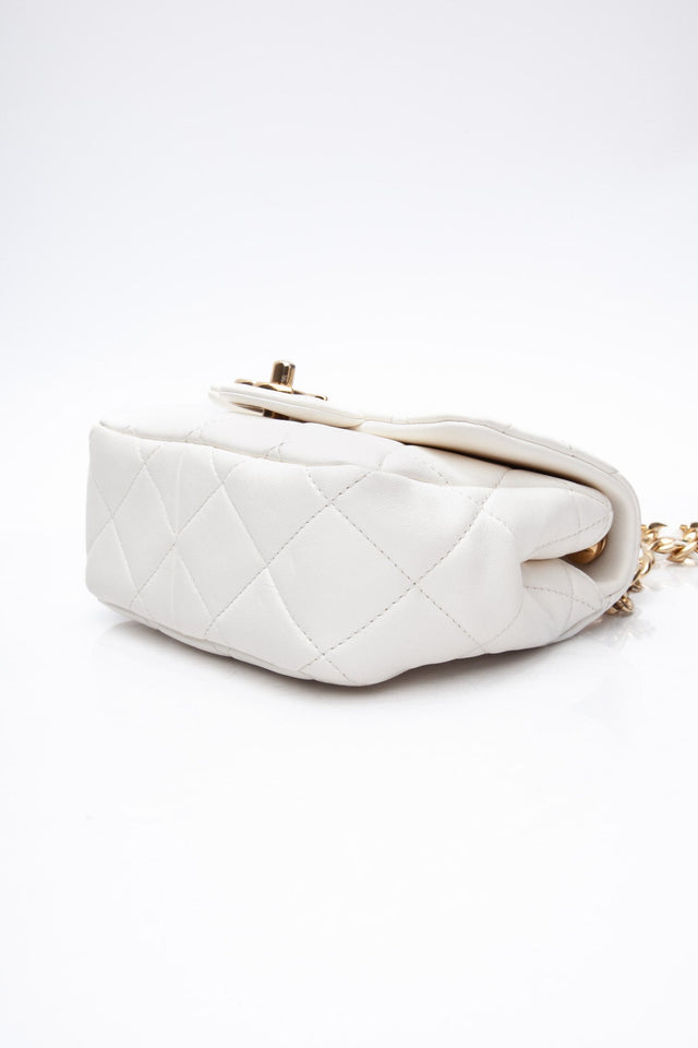 CHANEL White Metal Quilted Lambskin Leather Mini Top Handle Square Flap Bag
