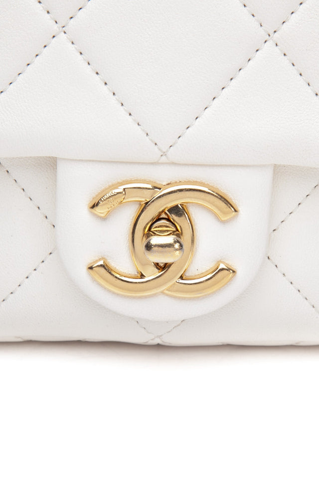 CHANEL White Metal Quilted Lambskin Leather Mini Top Handle Square Flap Bag