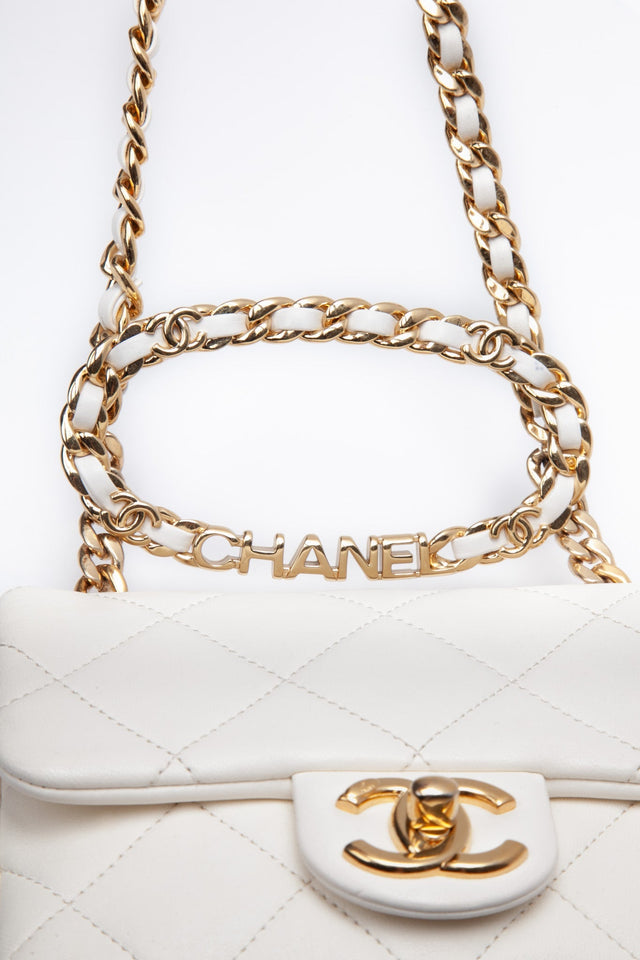 CHANEL White Metal Quilted Lambskin Leather Mini Top Handle Square Flap Bag