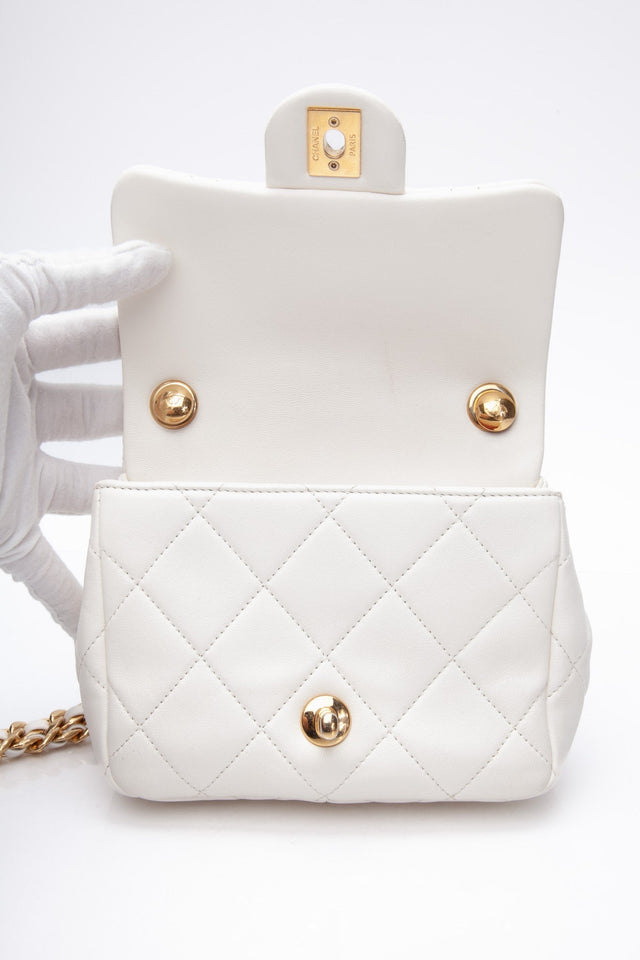 CHANEL White Metal Quilted Lambskin Leather Mini Top Handle Square Flap Bag