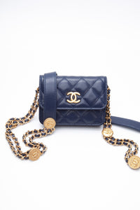 CHANEL Navy Quilted Caviar Twist Your Buttons Coin Purse with Chain Crossbody Bag