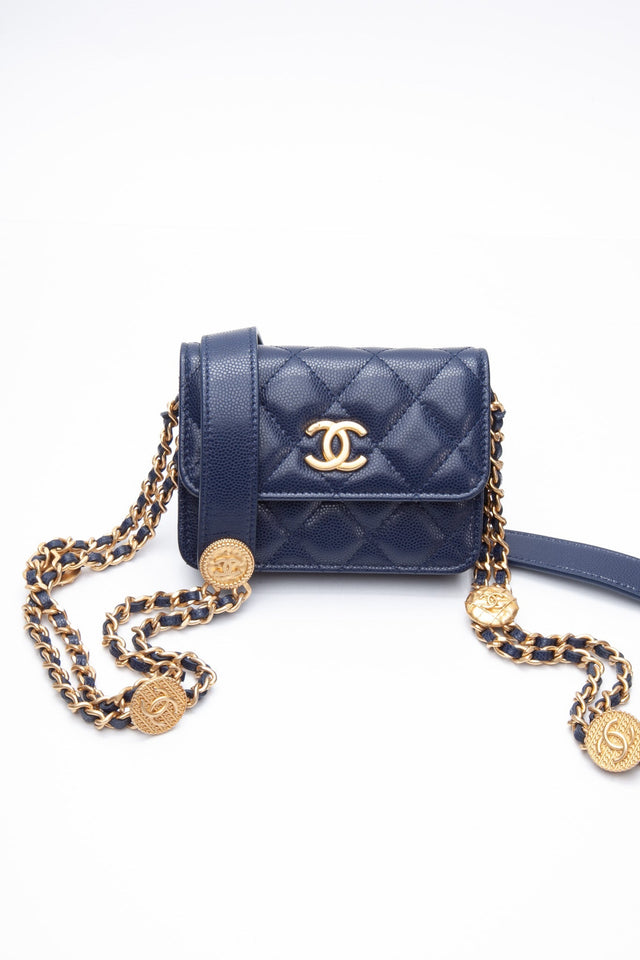 CHANEL Navy Quilted Caviar Twist Your Buttons Coin Purse with Chain Crossbody Bag