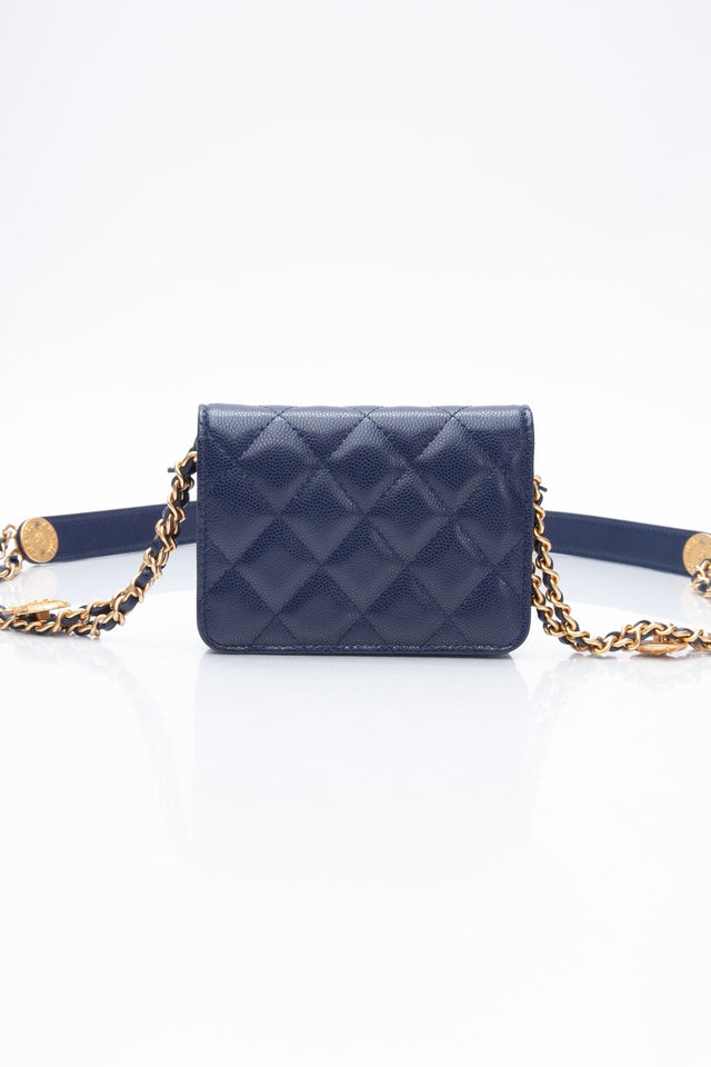 CHANEL Navy Quilted Caviar Twist Your Buttons Coin Purse with Chain Crossbody Bag