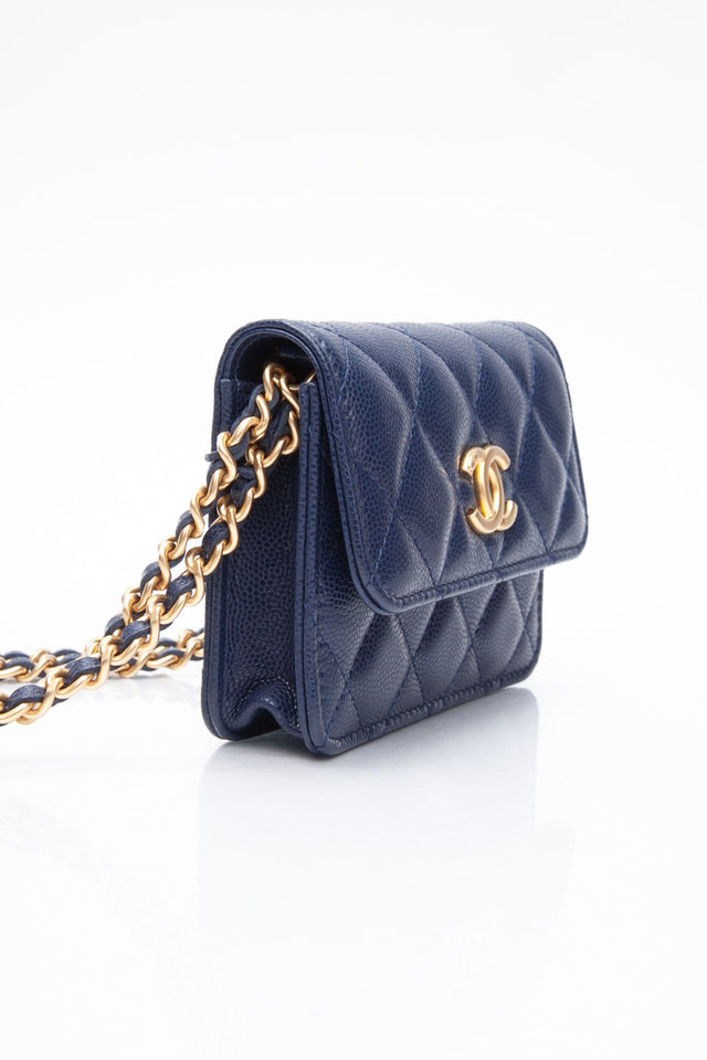 CHANEL Navy Quilted Caviar Twist Your Buttons Coin Purse with Chain Crossbody Bag