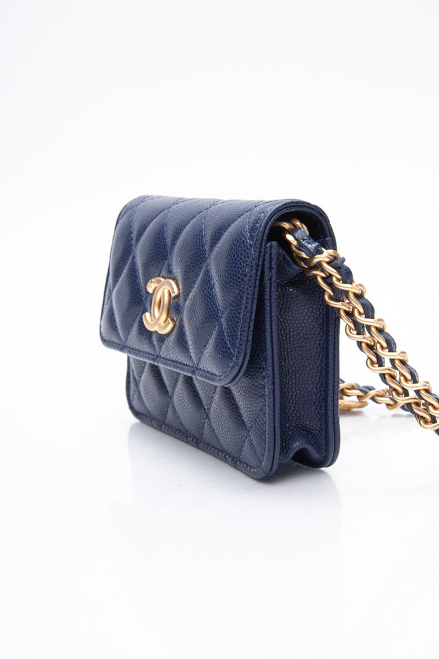 CHANEL Navy Quilted Caviar Twist Your Buttons Coin Purse with Chain Crossbody Bag