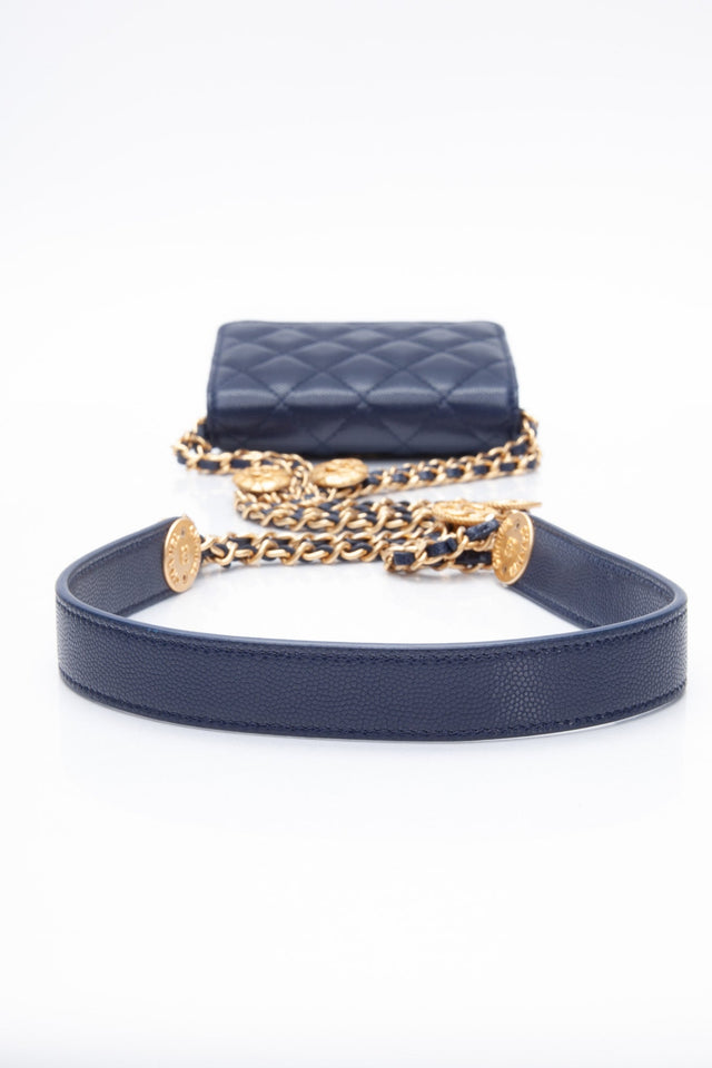 CHANEL Navy Quilted Caviar Twist Your Buttons Coin Purse with Chain Crossbody Bag