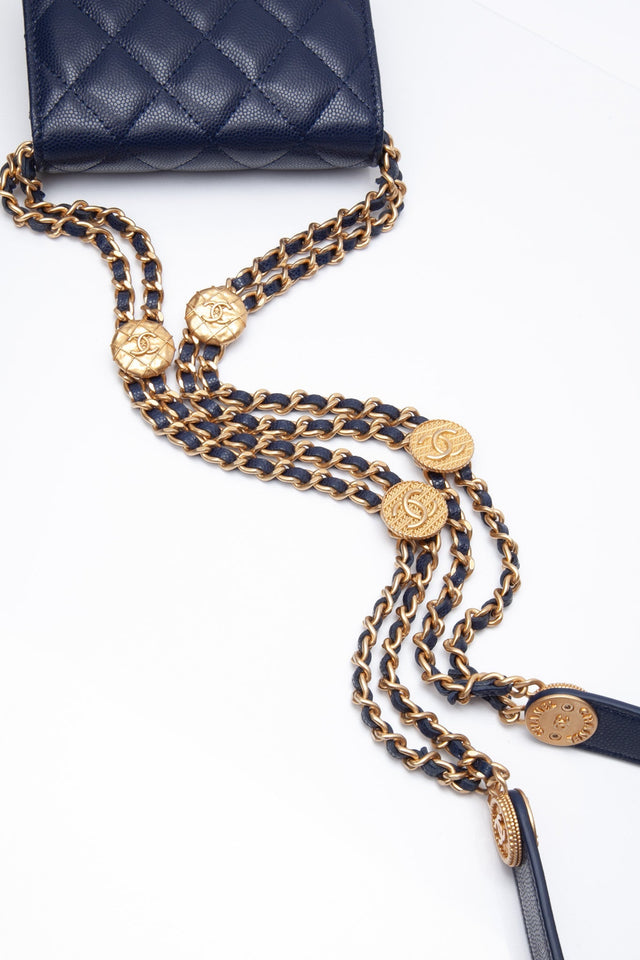 CHANEL Navy Quilted Caviar Twist Your Buttons Coin Purse with Chain Crossbody Bag