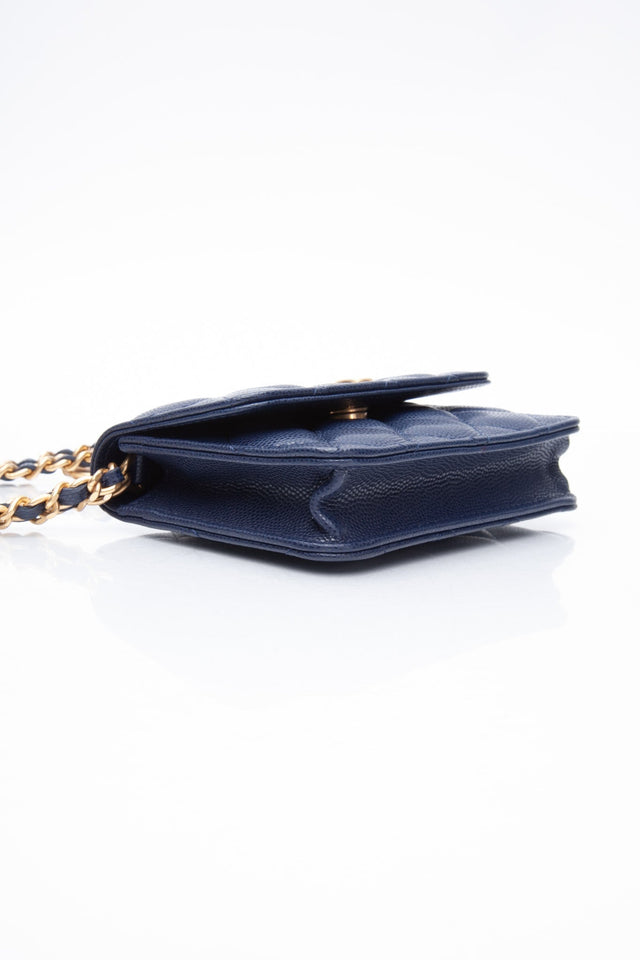 CHANEL Navy Quilted Caviar Twist Your Buttons Coin Purse with Chain Crossbody Bag