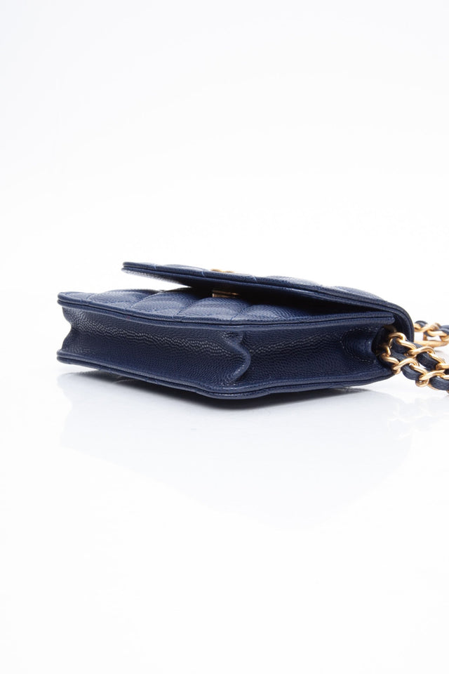 CHANEL Navy Quilted Caviar Twist Your Buttons Coin Purse with Chain Crossbody Bag