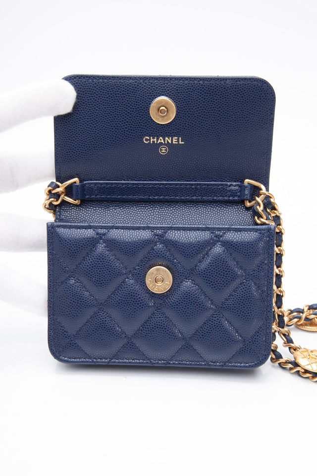 CHANEL Navy Quilted Caviar Twist Your Buttons Coin Purse with Chain Crossbody Bag