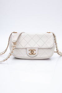 CHANEL Small Cream Crystal Pearls Chain Quilted Calfskin Flap Bag
