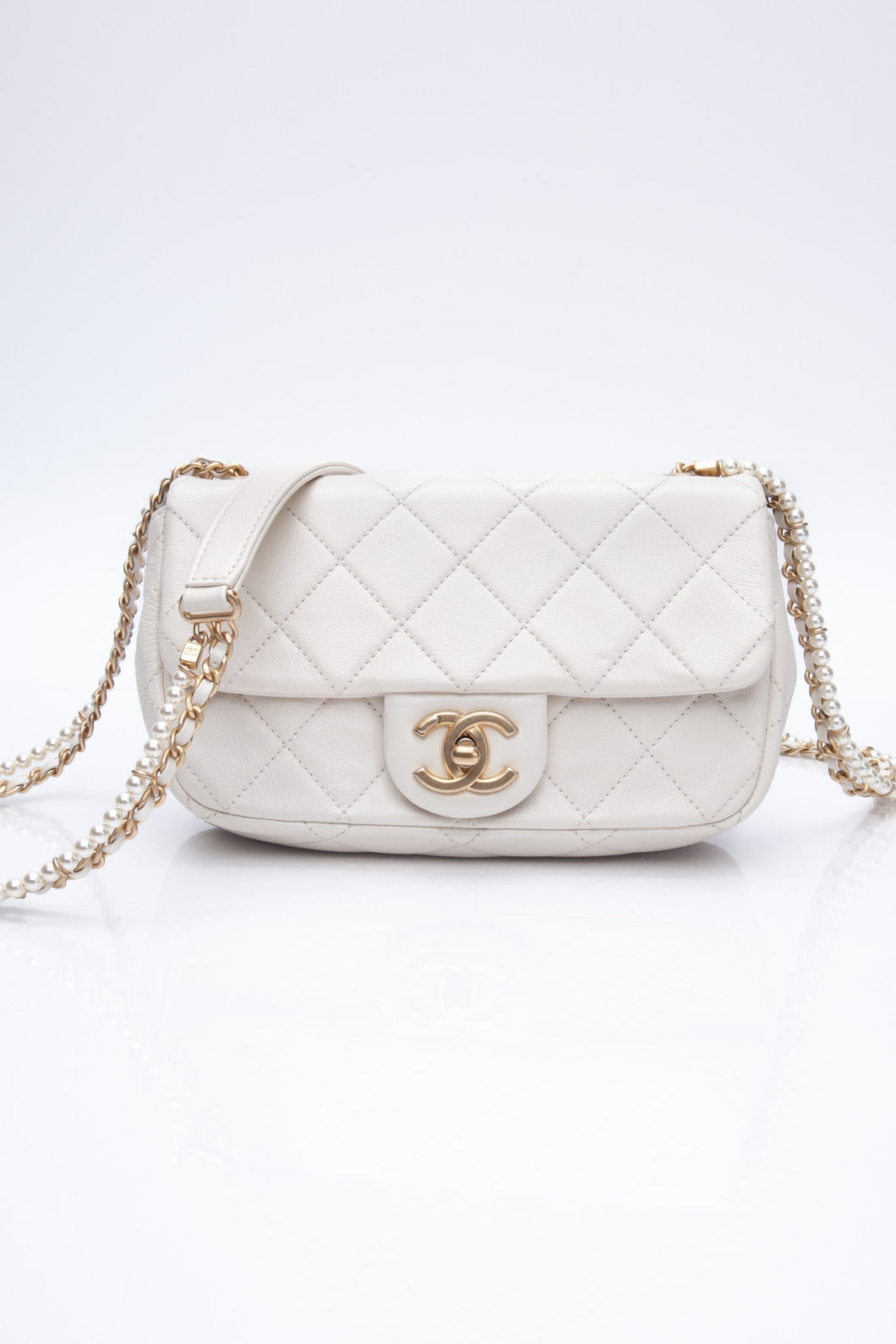 CHANEL Small Cream Crystal Pearls Chain Quilted Calfskin Flap Bag