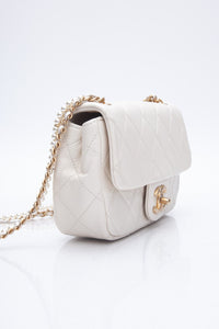 CHANEL Small Cream Crystal Pearls Chain Quilted Calfskin Flap Bag