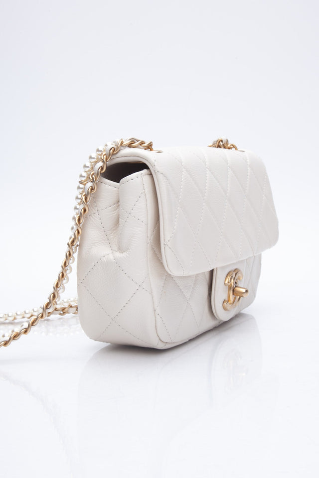 CHANEL Small Cream Crystal Pearls Chain Quilted Calfskin Flap Bag